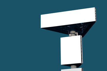 Wall Mural - mock up: two blank green billboards or large displays against blue-green background. template, consu