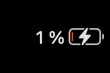 Low level of smartphone charged battery level indicator - charging process - one, 1 percent: close up macro view of gadget display, screen. Energy, technology, power, digital and symbol concept