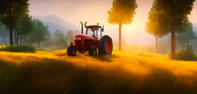 Tractor Vehicle On Rural Field, Background Illustration.