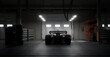 Back view silhouette of a modern generic sports racing car standing in a dark garage on a pit lane, cinematic lighting. Realistic 3d rendering