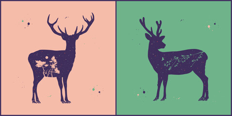 Poster - Deer silhouette. Night starry sky texture. Abstract animal shape set
