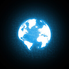 Digital globalization. Holographic map of the world against the background of technical schemes.