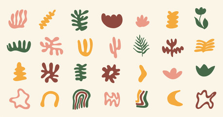 Wall Mural - Big set of various abstract shapes and plants in pastel colors. Hand drawn doodles. Modern fashion illustration. Flat design, cartoon drawing, vector.