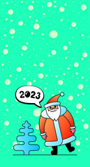 Wall Mural - Cute cartoon funny kawaii Santa Claus character for Christmas and Happy New year 2023 celebration. Spruce and winter snow holiday greeting card for blogger story banner. Vector eps illustration