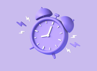 3d alarm clock and lightning in a realistic style. cartoon illustration isolated on purple background. 3d rendering