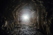 Dark Underground Tunnel. Light At The End Of Tunnel