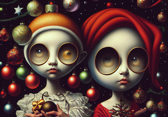 Sticker - Girls with big eyes and big glasses at Christmas