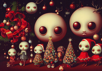 Wall Mural - A funny strange doll family with big eyes at Chritmas