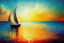 Colorful Oil Painting On Canvas Texture. Impressionism Image Of Seascape Paintings With Sunlight Background. Modern Art Oil Paintings With Boat, Sail On Sea. Abstract Contemporary Art For Background