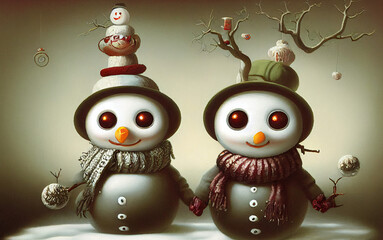 Sticker - christmas snowmen antique ilustration cartoon