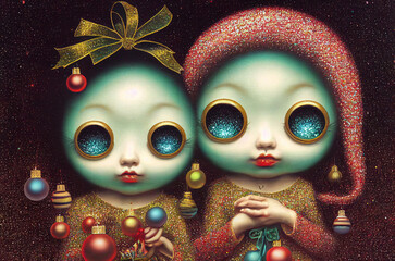 Wall Mural - Two strange mysterious cartoon characters glitter Christmas