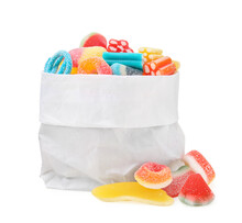 Paper Bag Of Tasty Colorful Jelly Candies On White Background