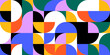 © Dedraw Studio - Colorful geometric mosaic seamless pattern illustration with creative abstract shapes. Modern scandinavian style background print. Trendy bright symbols and minimalist shape texture, geometry collage.