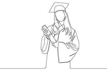 continuous line drawing of graduate students wearing cap and gown