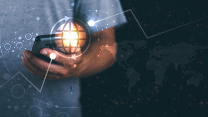 Wall Mural - smartphone in man's hand , concept cyberspace technology and digital database connected to the netwo