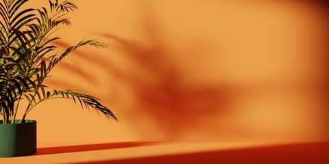 Wall Mural - beautiful orange wall and palm tree leaves 3d rendering illustration. free space for copy paste text