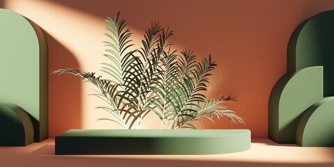 Wall Mural - product presentation podium with palm trees and bright sun shining 3d rendering background illustrat