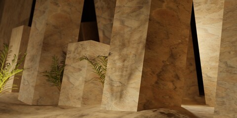 Wall Mural - ancient temple architecture background illustration. palm tree leaves and pillars made of stone 3d r