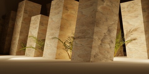 Wall Mural - ancient temple architecture background illustration. palm tree leaves and pillars made of stone 3d r