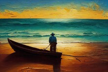 Fisherman Boat On The Beach Sunset Over The Ocean, Oil Paint