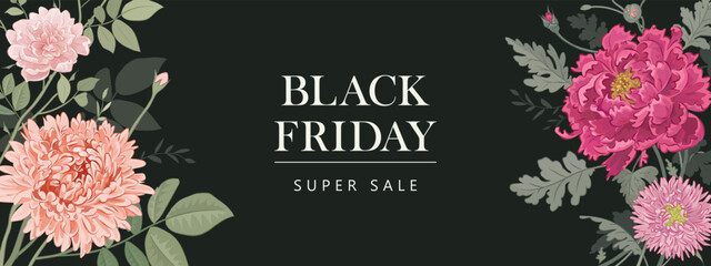 Banner for black friday super sale with beautiful hand drawn flowers. Elegant floral horizobtal background. Vector illustration