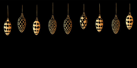 Vector Christmas and New Year background with top hanging gold toys, decorations in form of spruce cones for xmas tree on black background. Holiday banner