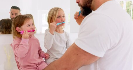 Canvas Print - Brushing teeth, family and bathroom by children learning, cleaning and grooming with father in morning. Happy family, teaching and kids with parent brushing, oral and mouth health, teeth and hygiene