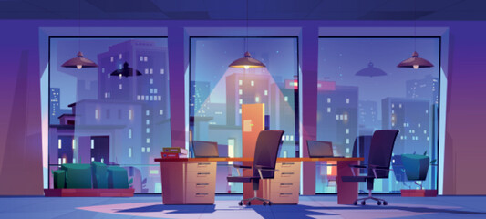 Wall Mural - Night office, open space workplace interior with city view in wide floor-to-ceiling windows, glowing lamp over the tables, laptops, chairs and task board. Coworking area Cartoon vector illustration