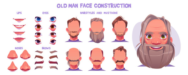 Old man face animation constructor, cartoon elderly male character creation set with various hairstyles, eyes, noses, lips, eyebrows, beards or mustaches, isolated aged white personage, Vector kit