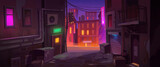 Fototapeta Uliczki - Dark dirty corner at night city with back exit door, litter bins and scatter garbage on narrow street with old buildings and view on colorful light road, town landscape Cartoon vector illustration