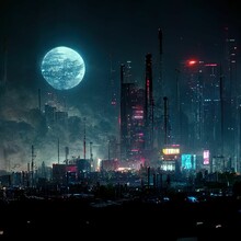 AI-generated Digital Futuristic Art Illustration Of Full Moon Over Floating Cyber City In Space