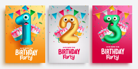 Birthday party vector poster set design. Birthday greeting text lay out collection with inflatable number balloons and cake elements for background decoration. Vector Illustration.