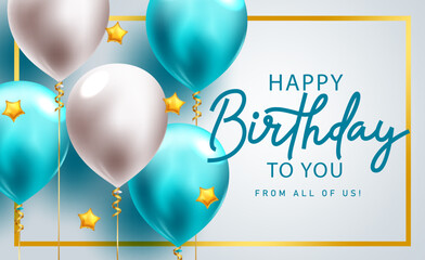 Wall Mural - Happy birthday greeting text vector design. Birthday balloons floating elements for boy party decoration background. Vector Illustration.