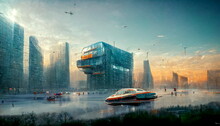 Futuristic City In The Future With Flying Cars And Glass Buildings. Digital Art And Concept Digital Illustration.