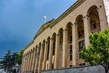 Parliament building, on Rustaveli Boulevard on April 27, 2019 in Tbilisi, Georgia. The city of Tbilisi has a population of 1.5 million people.