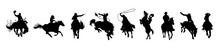 Set Of Wild West Silhouettes - Cowboys Riding Horse. Western Traditional Elements Collection. Vector Art Black Illustrations Isolated On White Background.