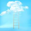 © New Africa - Wooden ladder leading to white cloud on light blue background. Concept of growth and development