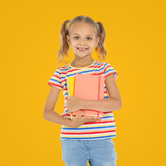 Poster - Little child with school supplies on yellow background