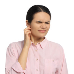 Sticker - Young woman suffering from ear pain on white background