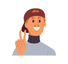 Happy Man Gesturing Peace Victory Gesture With Hand. Friendly Excited Guy Showing V Sign With Two Fingers, Smiling. Positive Person Portrait. Flat Vector Illustration Isolated On White Background
