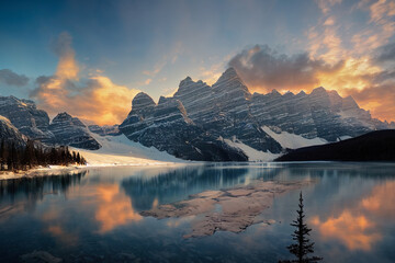 Sunset over mountain lake.