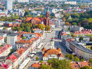 Poster - Old market, Basilica and sign #Bialystok in Bialystok city aerial view, Poland