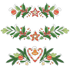 Wall Mural - Decorative border from a Christmas tree branches, ribbons and balls isolated on a light background. Frame template with the symbols of the holiday.
