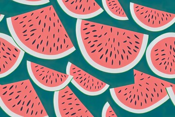 Canvas Print - 2d illustrated watermelons hand drawn seamless pattern. Cute summer fresh fruits print. Watermelon red slices with seeds repeat texture on green striped background for wallpaper, fabric design