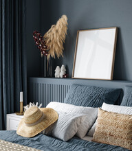 Square Frame Mockup In Cozy Dark Blue Bedroom Interior, 3d Render