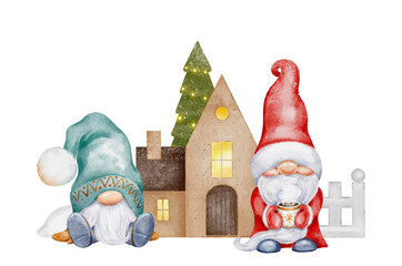 Christmas composition with cute gnome, santa, scandinavian house. Funny cartoon characters. Winter banner. Hand painted illustrations. New Year holiday design for cards, invitations, scrapbooking