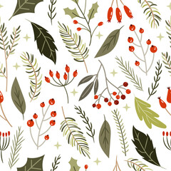 Poster - Winter christmas new year seamless pattern with plants on a white background