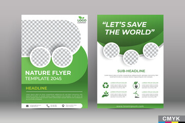 Wall Mural - Green eco flyer, poster, brochure, magazine, annual report, booklet, cover banner template. Modern green leaf, environment design. Size A4 CMYK Vector illustration