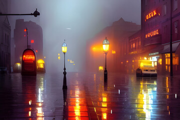 City streets on a rainy night. Lonely pedestrians wander in the rain. Street lights reflected on wet asphalt. Urban night background. Digital illustration. CG Artwork Background