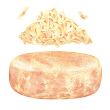 A Head Of Cheese And A Pile Of Grated Cheese. Watercolor Illustration.Isolated On A White Background
